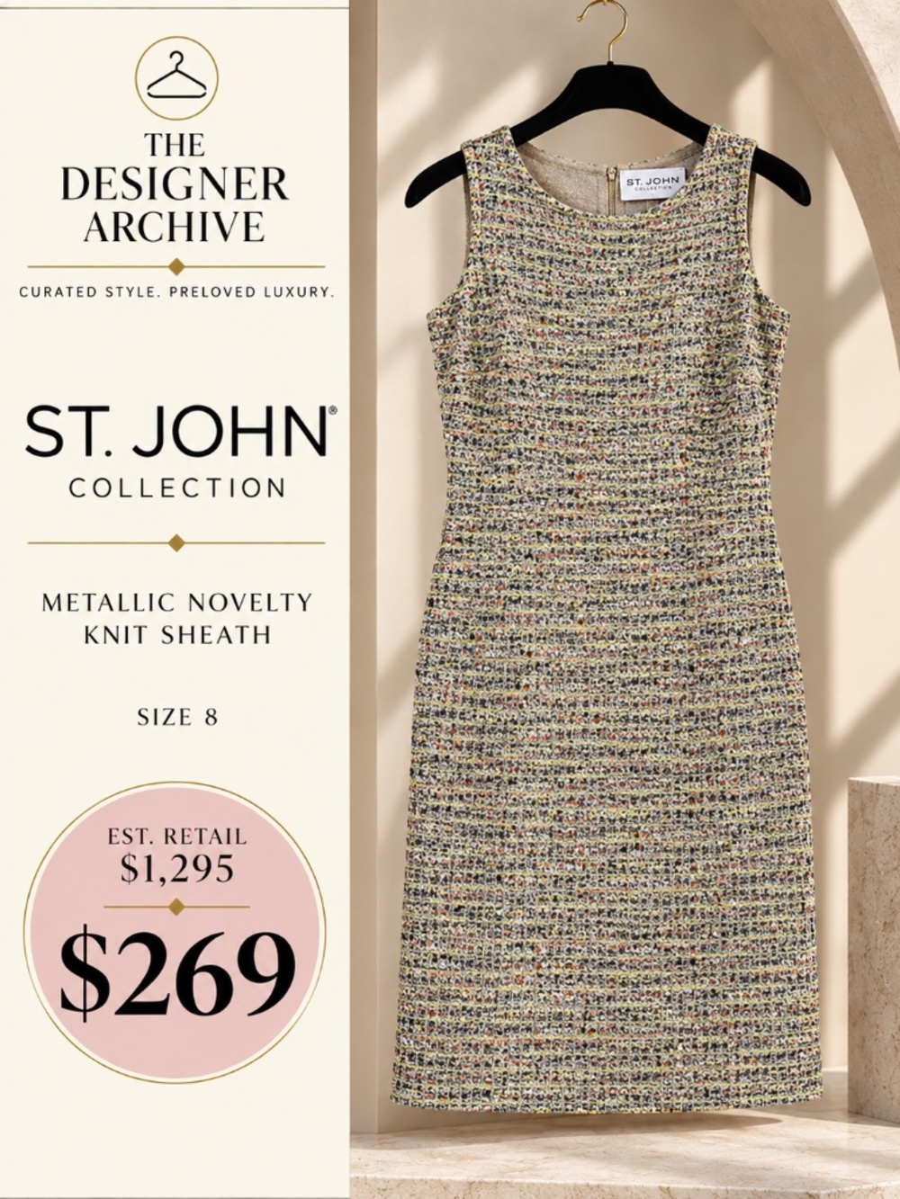 St. John Collection Metallic Novelty Knit Sheath Dress Size 8